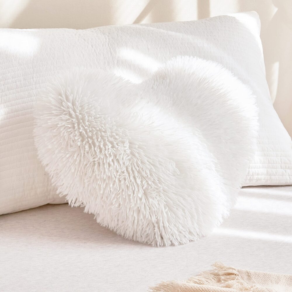 7797 White Fluffy Heart Pillow Faux Fur Throw PillowSherpa Plush Fluffy